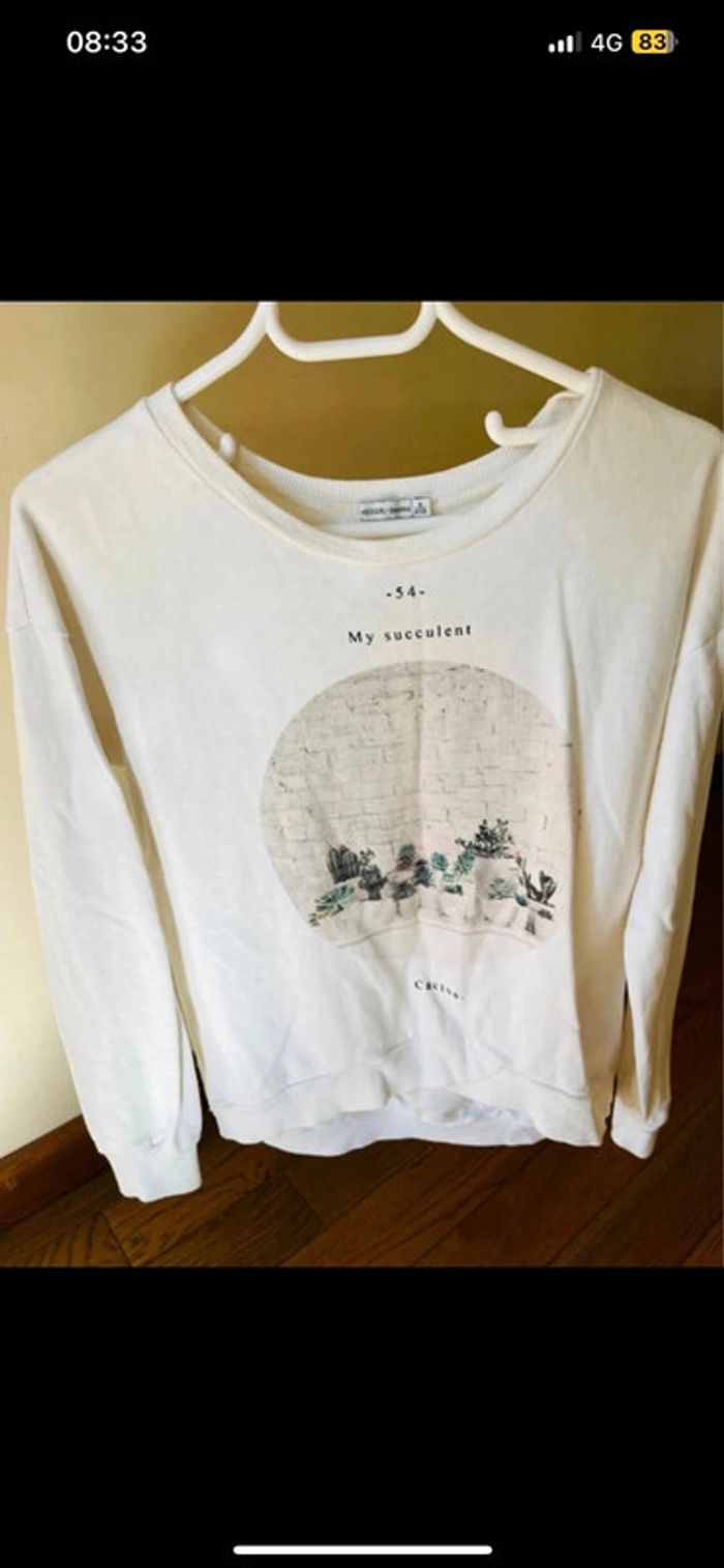 Sublime pull bershka taille M en coton blanc motif cactus - photo numéro 2