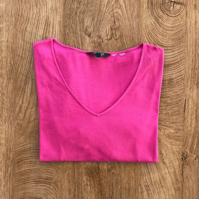 T.shirt manches courtes col V fuschia Lauren Ralph Lauren (logo brodé), femme, taille L