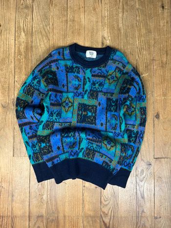 Pull maille vintage 100% laine vierge motifs multicolore XS
