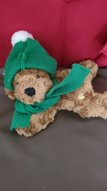 peluche ours couché bonnet et echarpe verte sokid