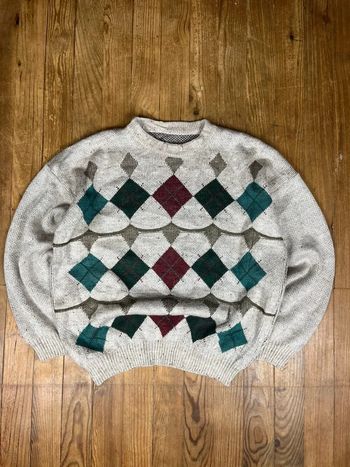 Pull maille vintage laine motifs carreaux gris multicolore XL