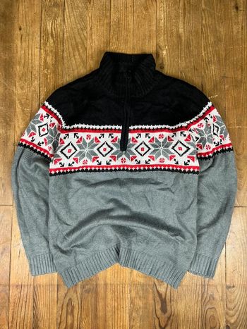 Pull maille vintage doublé motifs rayures multicolore 1/4 zip M