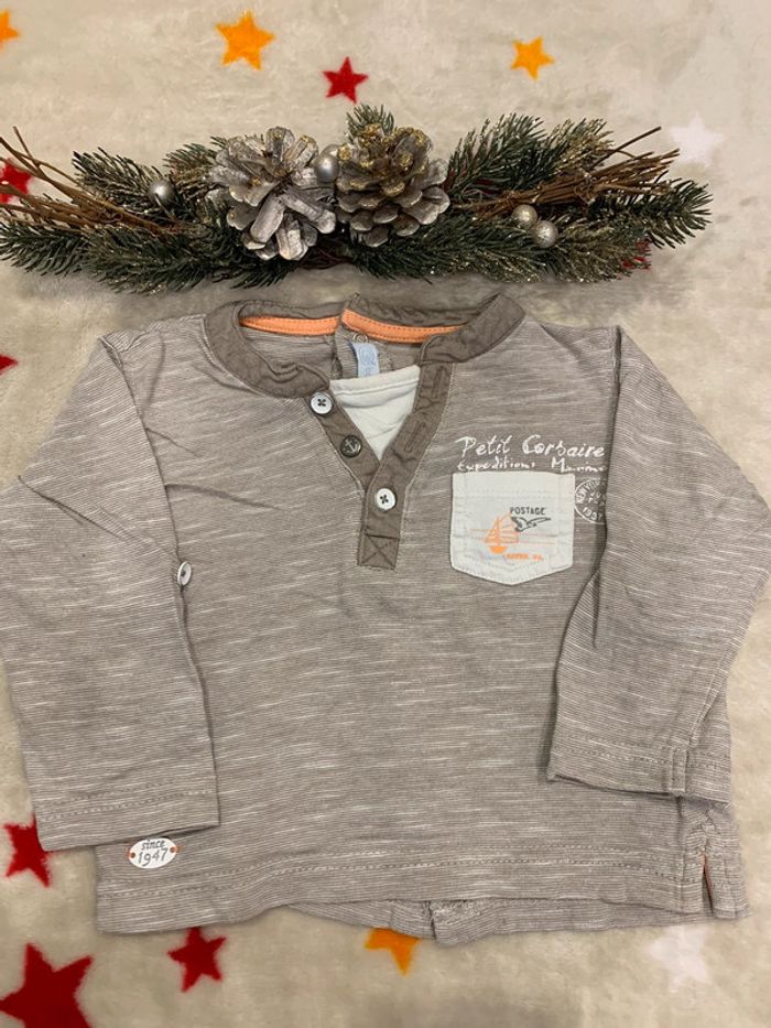 Tee-Shirt Manches Longues Gémo Taupe et Blanc 6M - photo numéro 2