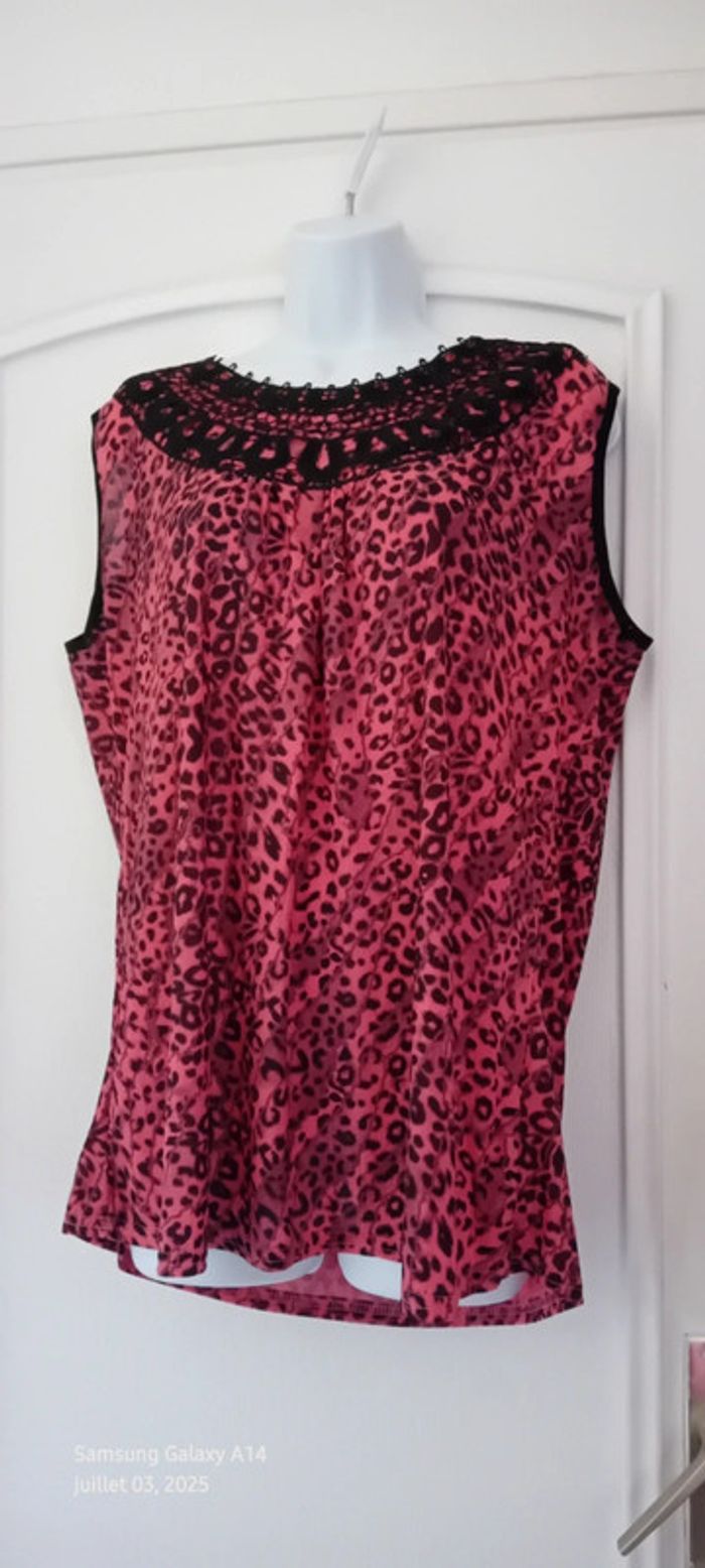 Tunique débardeur longue motif léopard avec broderies fuschia et noir femme XXL - photo numéro 8