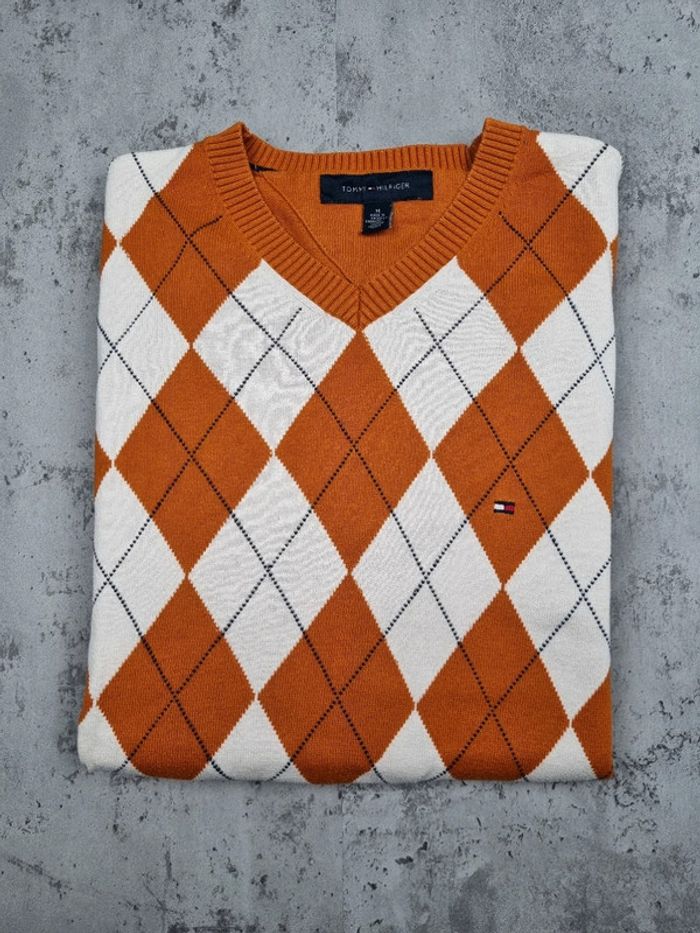 Pull col V Tommy Hilfiger orange à losanges – Taille M Homme - photo numéro 2