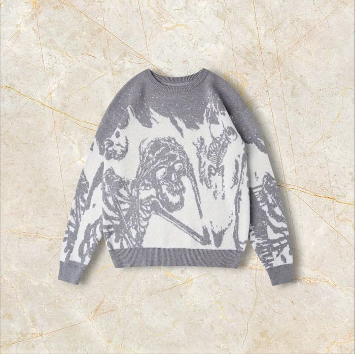Knit Squelette Feu Sweater Y2K Vintage Oversized 90s Taille M – Crewneck Old School Americain Streetwear