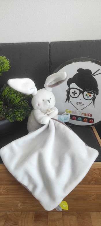 doudou lapin baby nat voule blanc marron mouchoir gris bn0466 noeud pois point rose rond