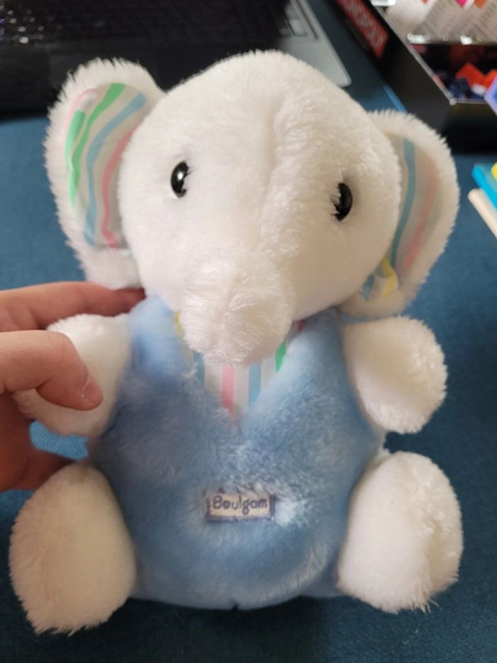 RARE Peluche Éléphant Boulgom 24cm bleu blanc multicolore trompe doudou Made in France collection - photo numéro 2