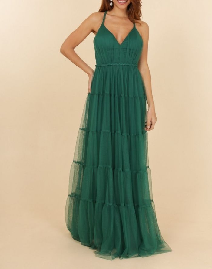 robe ceremonie volanté bretelle tressées vert emeraude taille 38