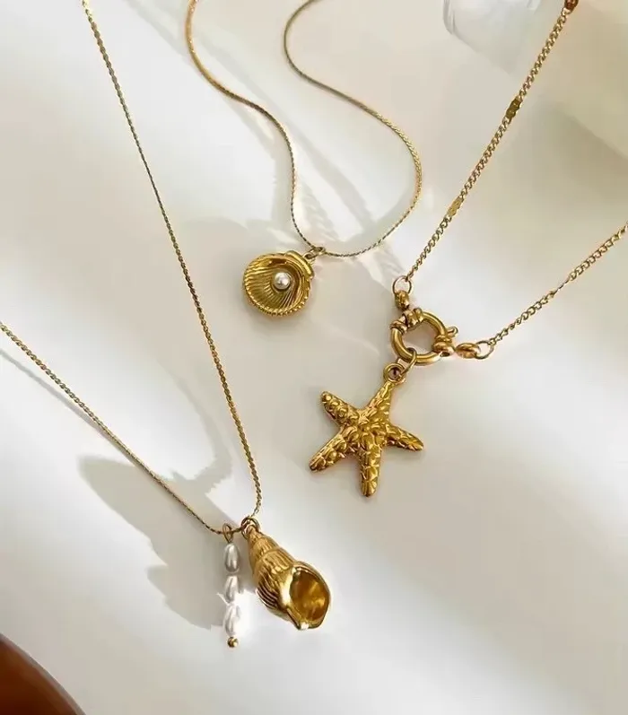 Set 3 colliers dorés pendentifs coquillage perle étoile de mer acier inoxydable – Neuf - photo numéro 2