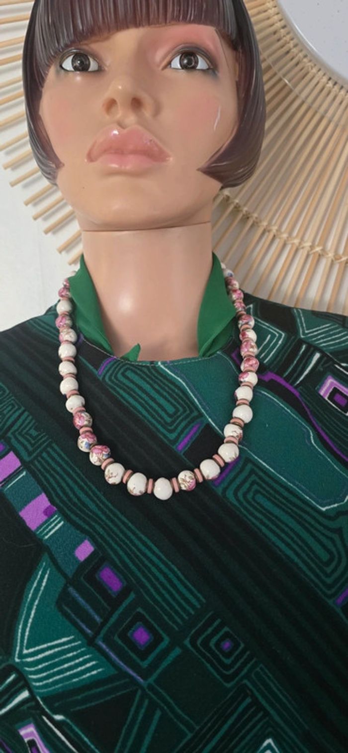 Collier de perles en céramique roses et blanches vintage - photo numéro 10