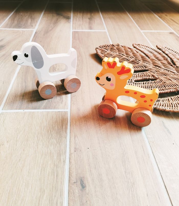 🦌Lot de 2 animaux chien et biche en bois avec roues