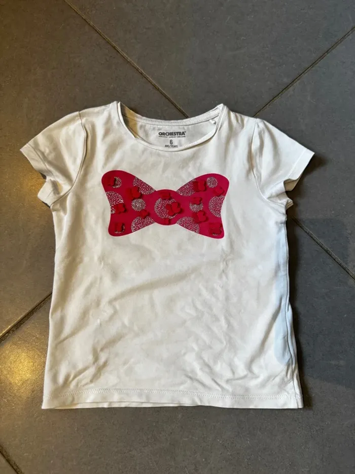 T shirt manches courtes - Orchestra - Noeuds papillon - Blanc, rose & argenté - 6 ans