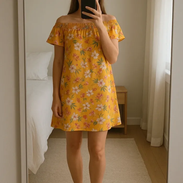 Robe jaune imprimé fantaisie fleurs épaules dénudées ou non T.S Pimkie