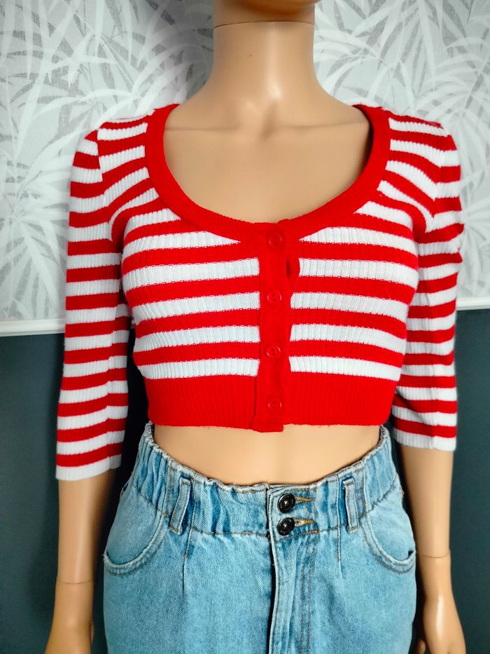 Petit cardigan cropped rayé rouge et blanc XS/S N*402 - photo numéro 3