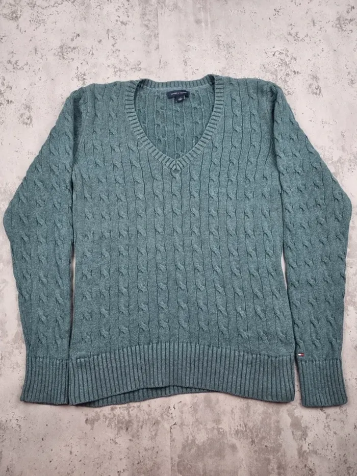 Pull col V torsadé Tommy Hilfiger vert – Taille L Femme (mesures en photos) - photo numéro 3