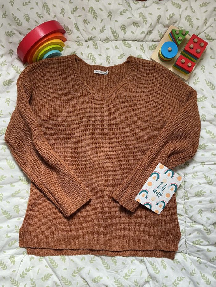 pull marron clair à paillette 14 ans monoprix col V