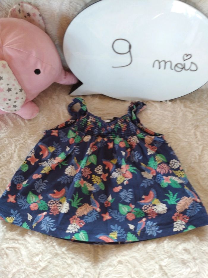 Tee shirt chemise sans manche à bretelles Fille 9 mois Jungle Perroquet Tao 100% coton
