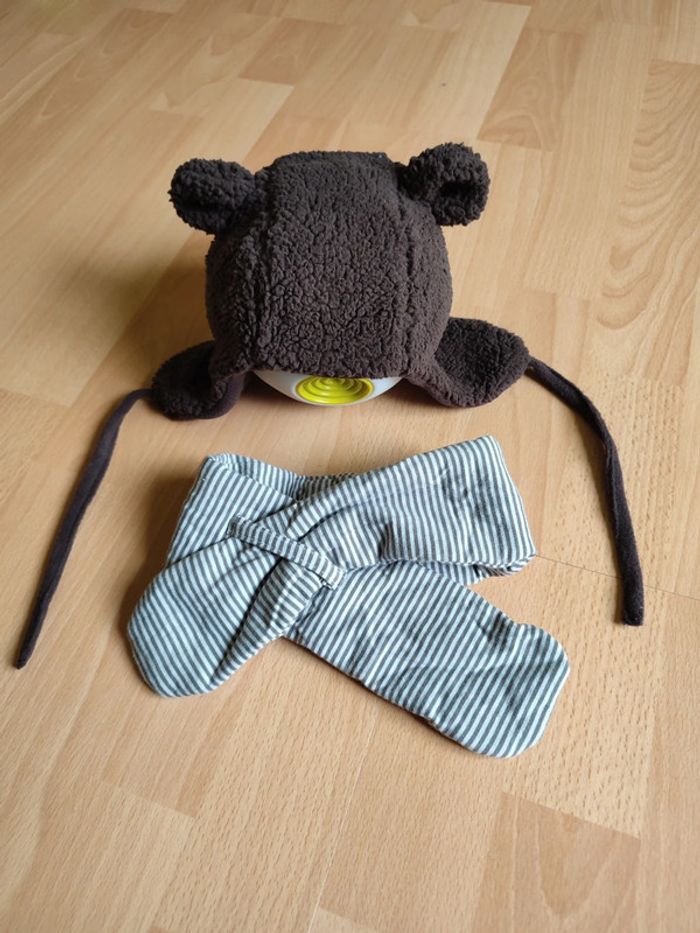 Lot bonnet ours 3-6M Brioche + écharpe rayée