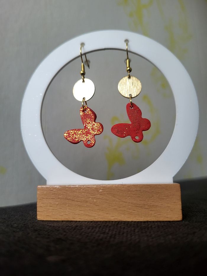 Boucles d'oreilles papillons rouges & dorées - photo numéro 7