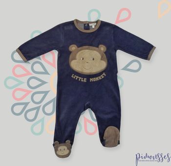 Pyjama dors-bien grenouillère velours bleu marine marron singe Kitchoun 12 mois 74 cm garçon