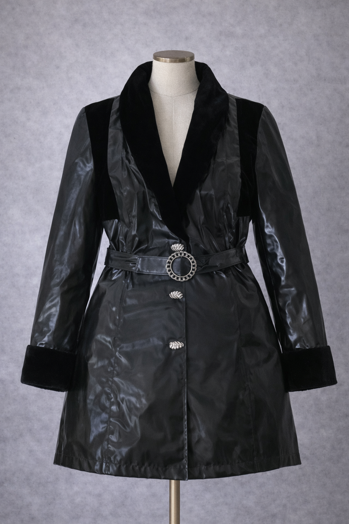 Manteau en vinyle et velours noir avec ceinture Taille unique