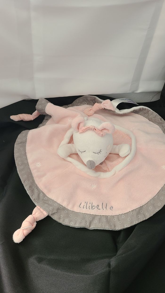 Doudou plat souris SAUTHON Lilibelle rose gris rond - photo numéro 3