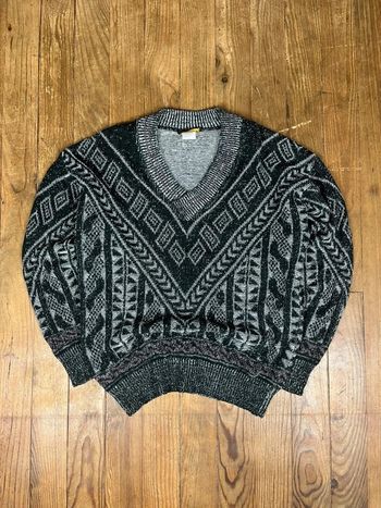 Pull maille vintage coton col V noir blanc motifs rayures L