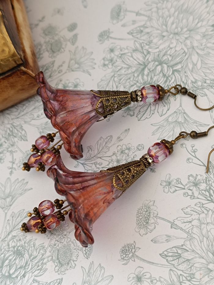 Boucles d’oreilles Fleurs féeriques Violet Prune, Rose Cuivré & Bronze Antique - photo numéro 1