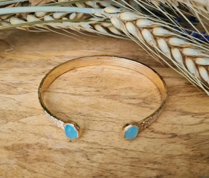 Bracelet jonc plaqué or 18k et agate bleue neuf - photo numéro 2