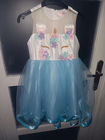 Robe Licorne Fille Bleue Fleurie Tulle Fantaisie 6 ans