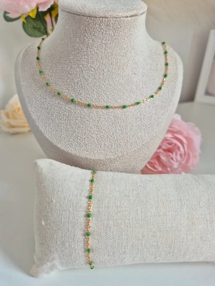 Lot de 2 bijoux en acier inoxydable dorée parure avec perles vertes - photo numéro 2