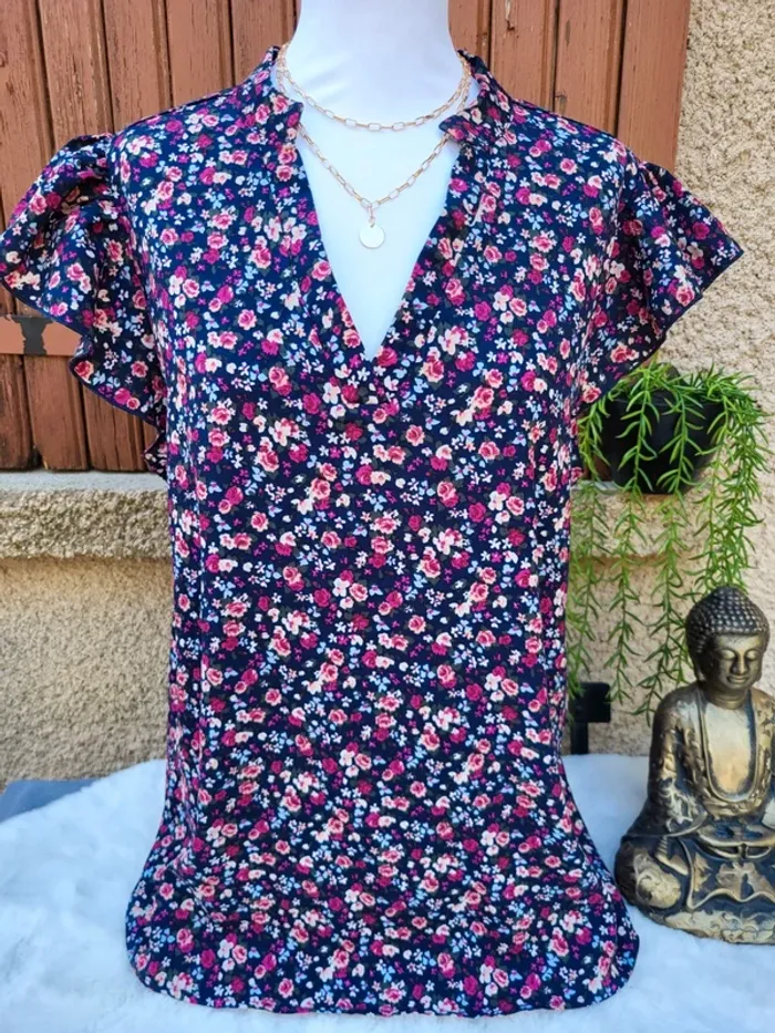 Blouse fleuri bleu marine multicolore taille 48 - photo numéro 2