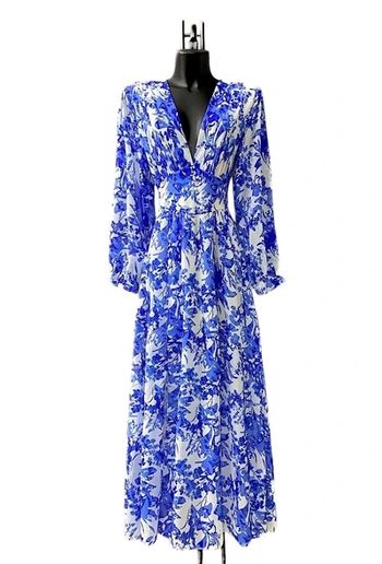 Robe longue bleue blanche fleurs 
