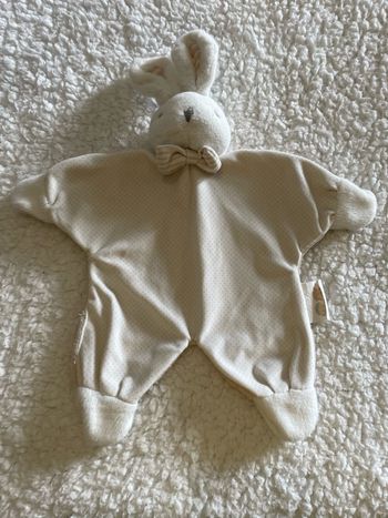 Doudou plat lapin blanc marron beige à pois noeud rayé Gamberritos Casa
