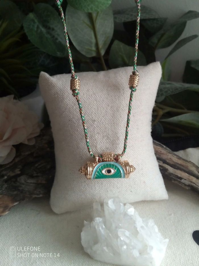 Collier talisman oeil et cordon en coton turquoise