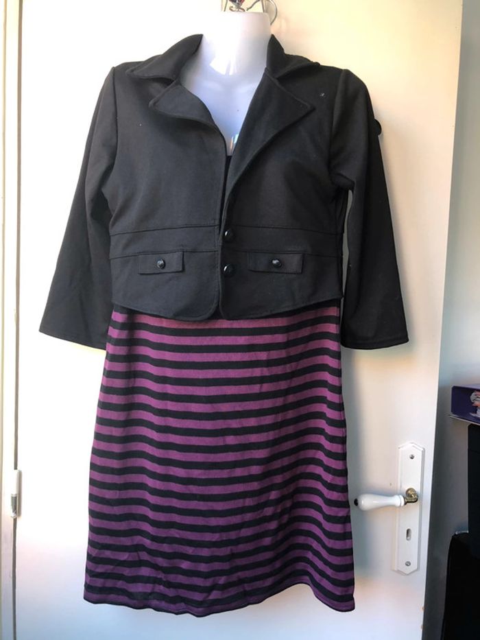 Robe rayée violet et noir avec gilet boléro intégré t40 - photo numéro 2