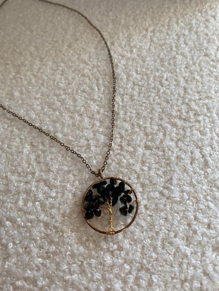 Collier doré arbre perle obsidienne lithothérapie - photo numéro 4