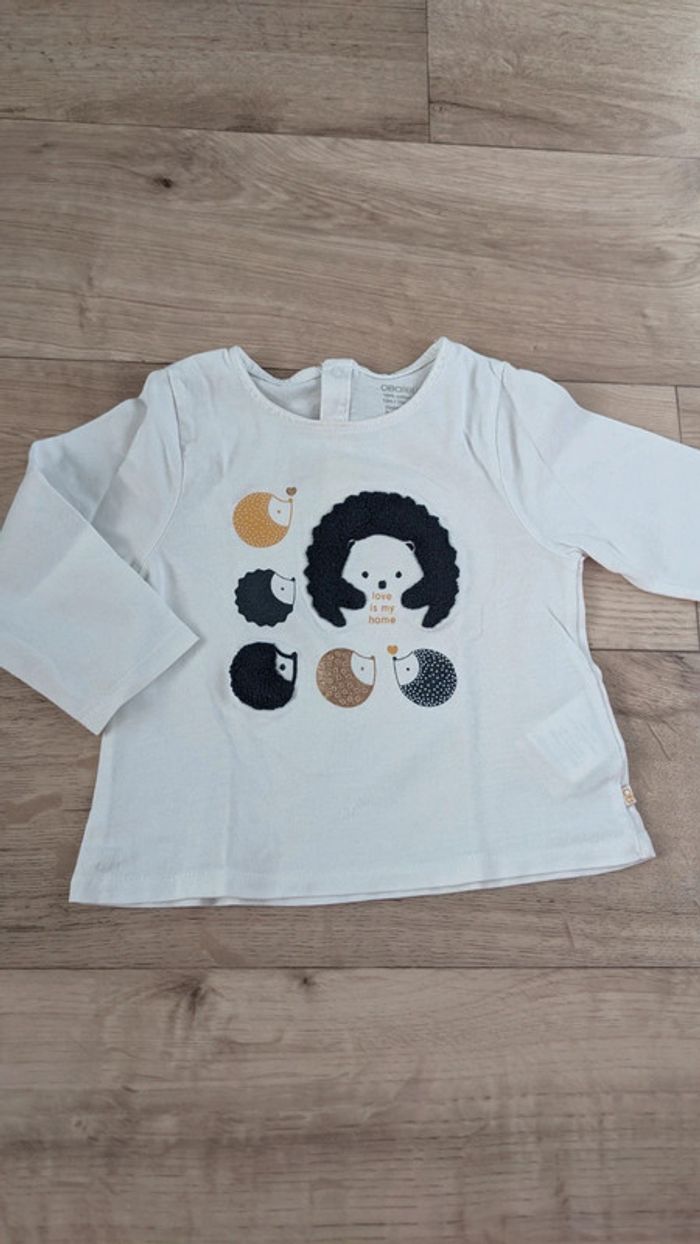 Tee-shirt manches longues Blanc Hérisson Obaïbi 12 Mois