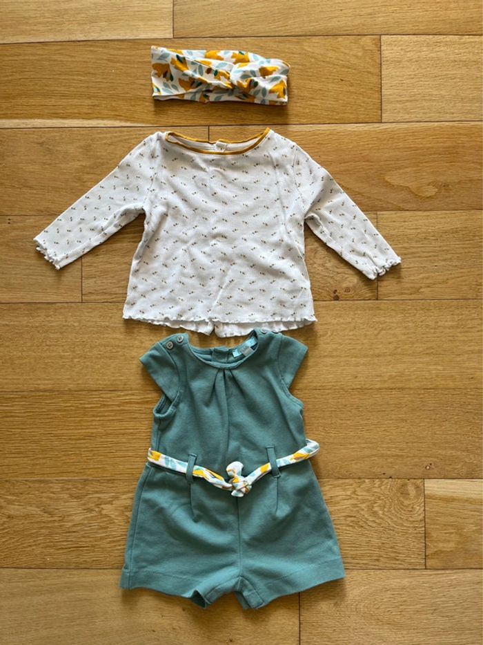 👶 Ensemble bébé fille 6 mois Obaïbi 3 pièces barboteuse combishort teeshirt bandeau manches longues