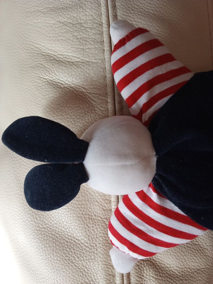 Doudou lapin Jemini vintage ancien peluche blanc blanche bleu marine foncé matelot marin  mer rayures rayé blanc  rouge  nez rouge  comme clown - photo numéro 4