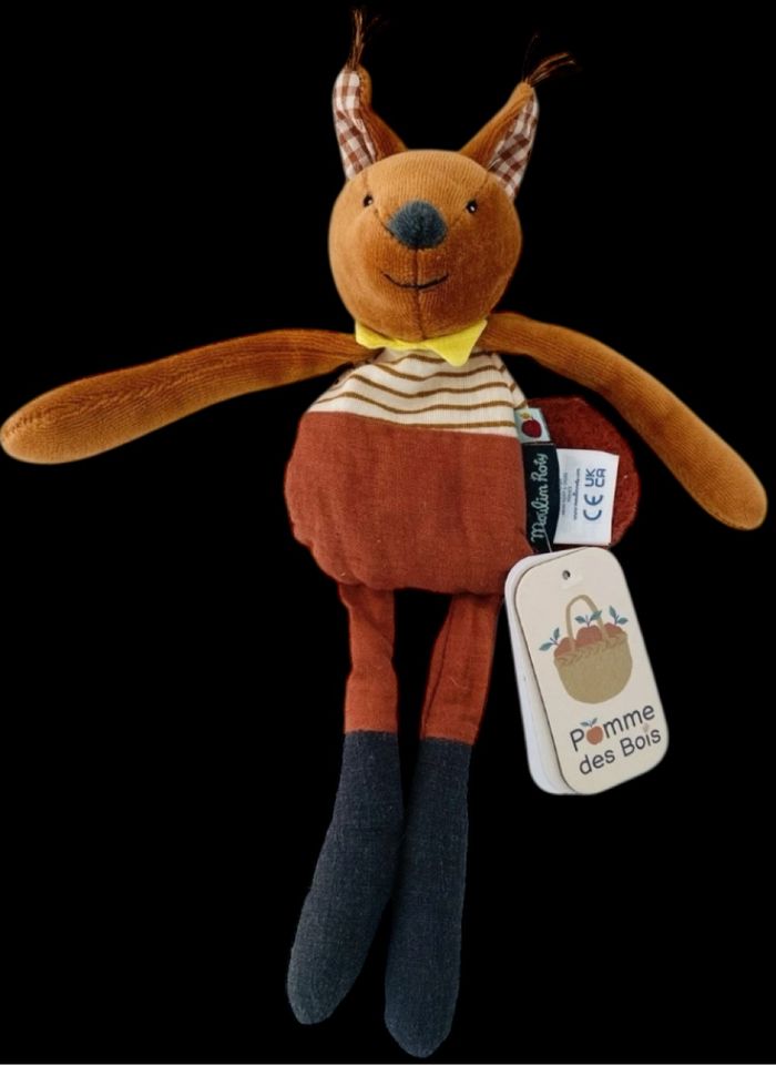 ❤️B Doudou Peluche Hochet Écureuil Pomme Des Bois Moulin Roty Marron