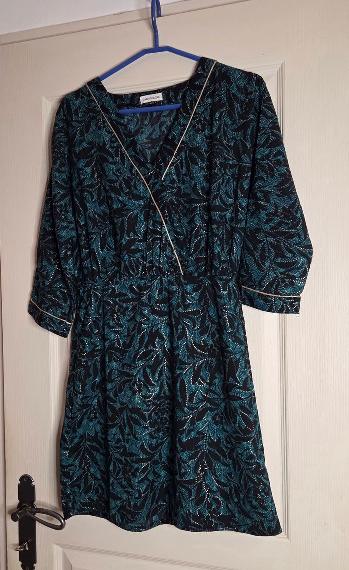 Robe Cache Cache fluide bleu canard & doré – style portefeuille – taille élastique – excellent état - photo numéro 6