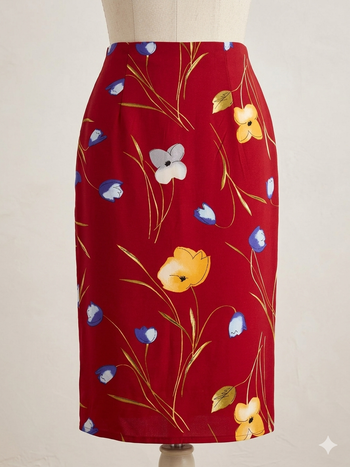 Jupe rouge foncé fleurie Longueur 85 cm Taille 38