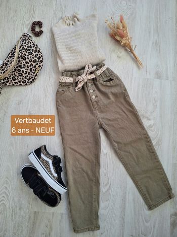 Jean/Pantalon fille kaki ceinture fleuri paperbag Vertbaudet 6 ans - Neuf