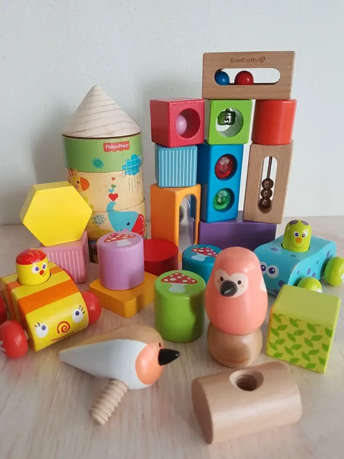 Jouets en bois, blocs sensoriels, oiseaux Janod