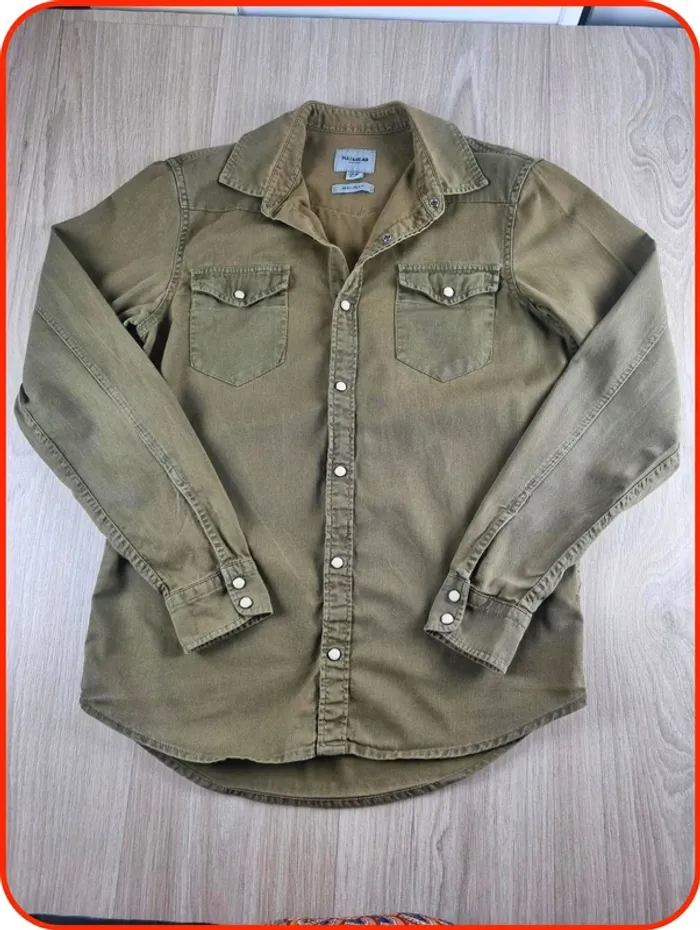 Chemise en jean à boutons pression kaki Pull & Bear Homme Taille S - photo numéro 2