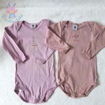 Lot de 2 bodies à pois et uni bébé fille 12 mois Petit Bateau