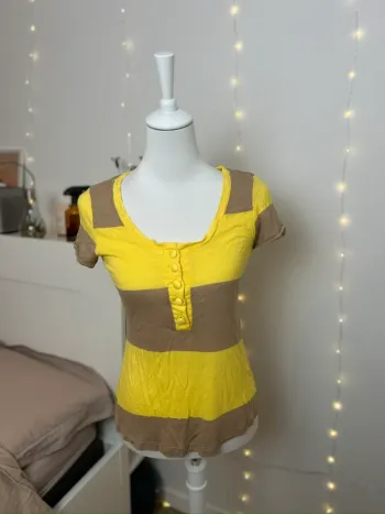 Top vintage H&M rayé jaune & marron à boutons - S