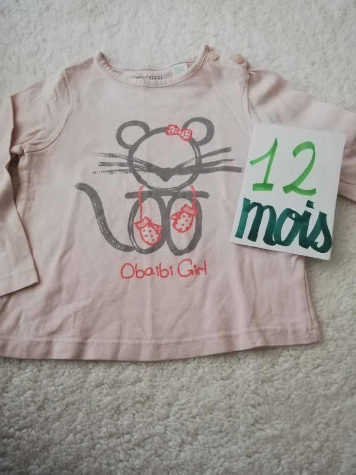 Tee shirt manche longue fille 12 mois obaïbi rose